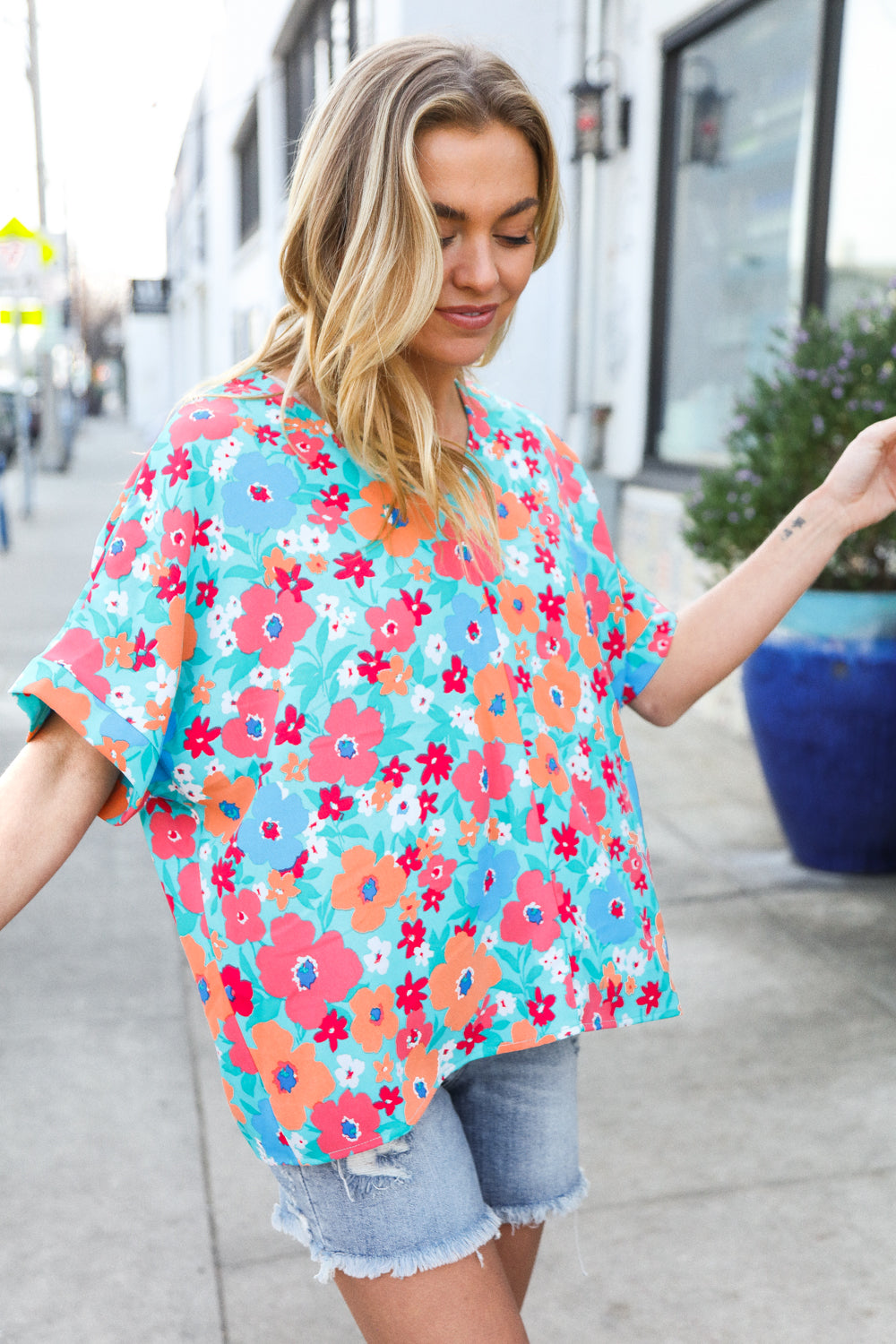 Haptics Mint Flat Floral V Neck Dolman Top