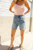 Judy Blue Medium Wash High Rise Side Slit Frayed Shorts