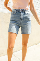 Judy Blue Medium Wash High Rise Side Slit Frayed Shorts