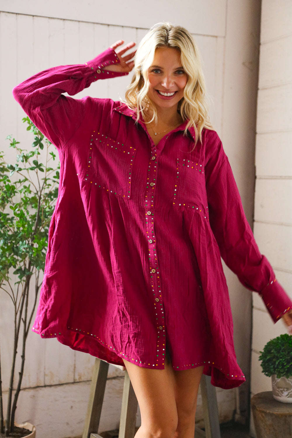 Peach Love California Flare Cotton Rhinestone Shirt Dress
