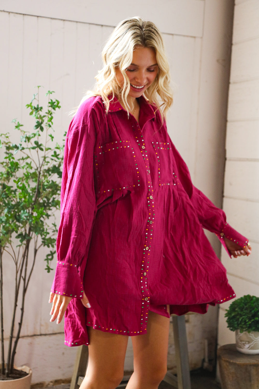 Peach Love California Flare Cotton Rhinestone Shirt Dress