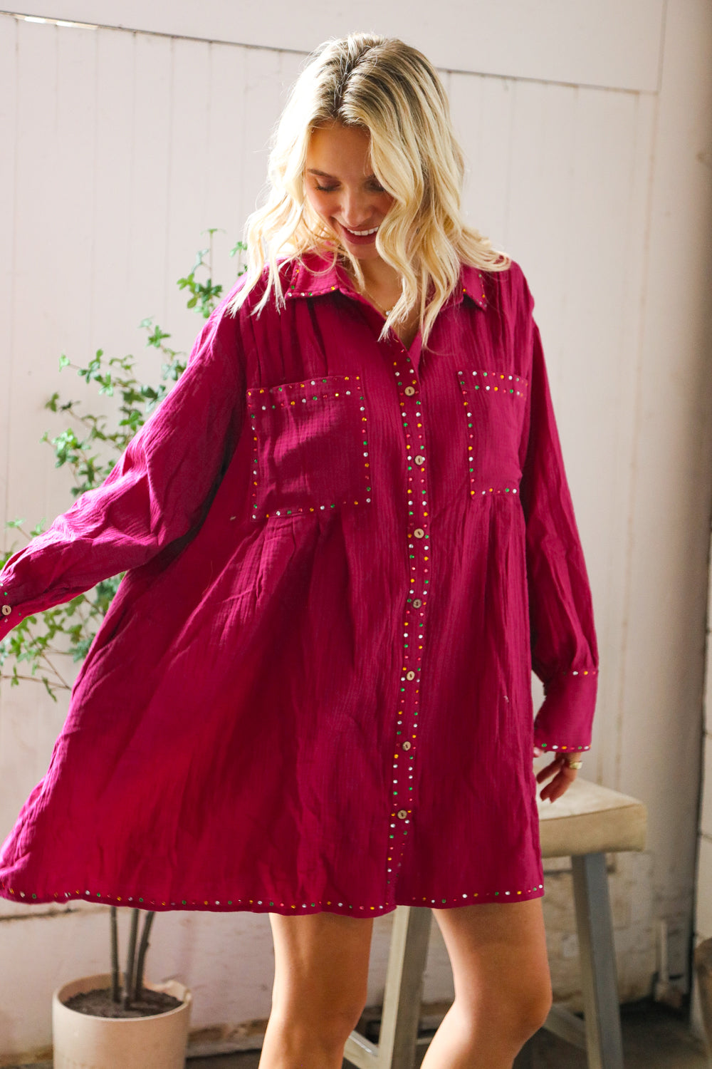 Peach Love California Flare Cotton Rhinestone Shirt Dress
