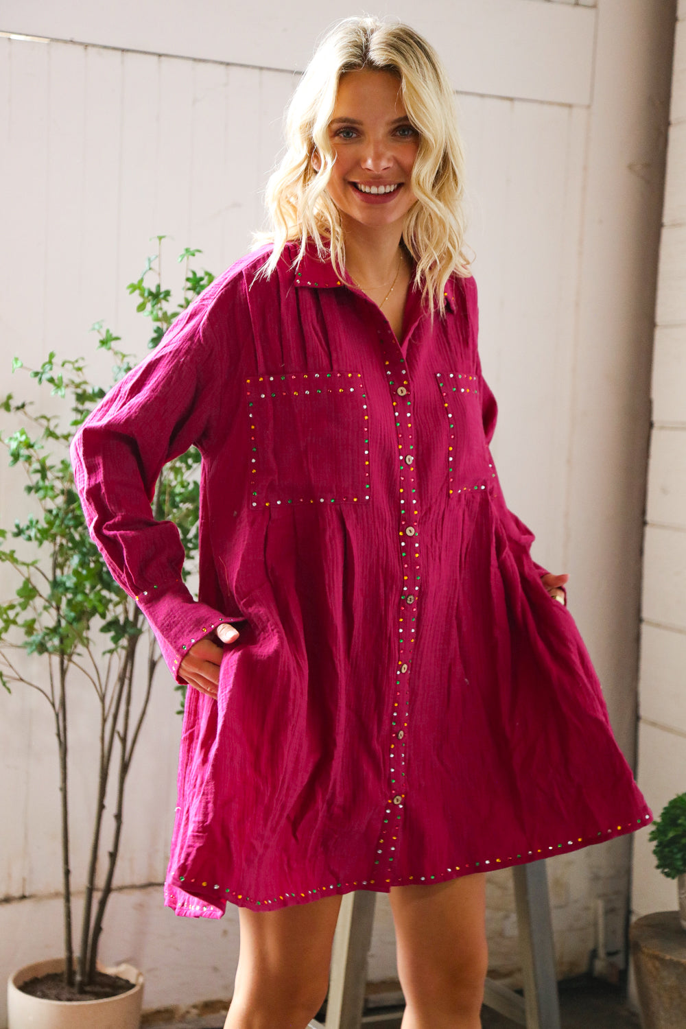 Peach Love California Flare Cotton Rhinestone Shirt Dress Large