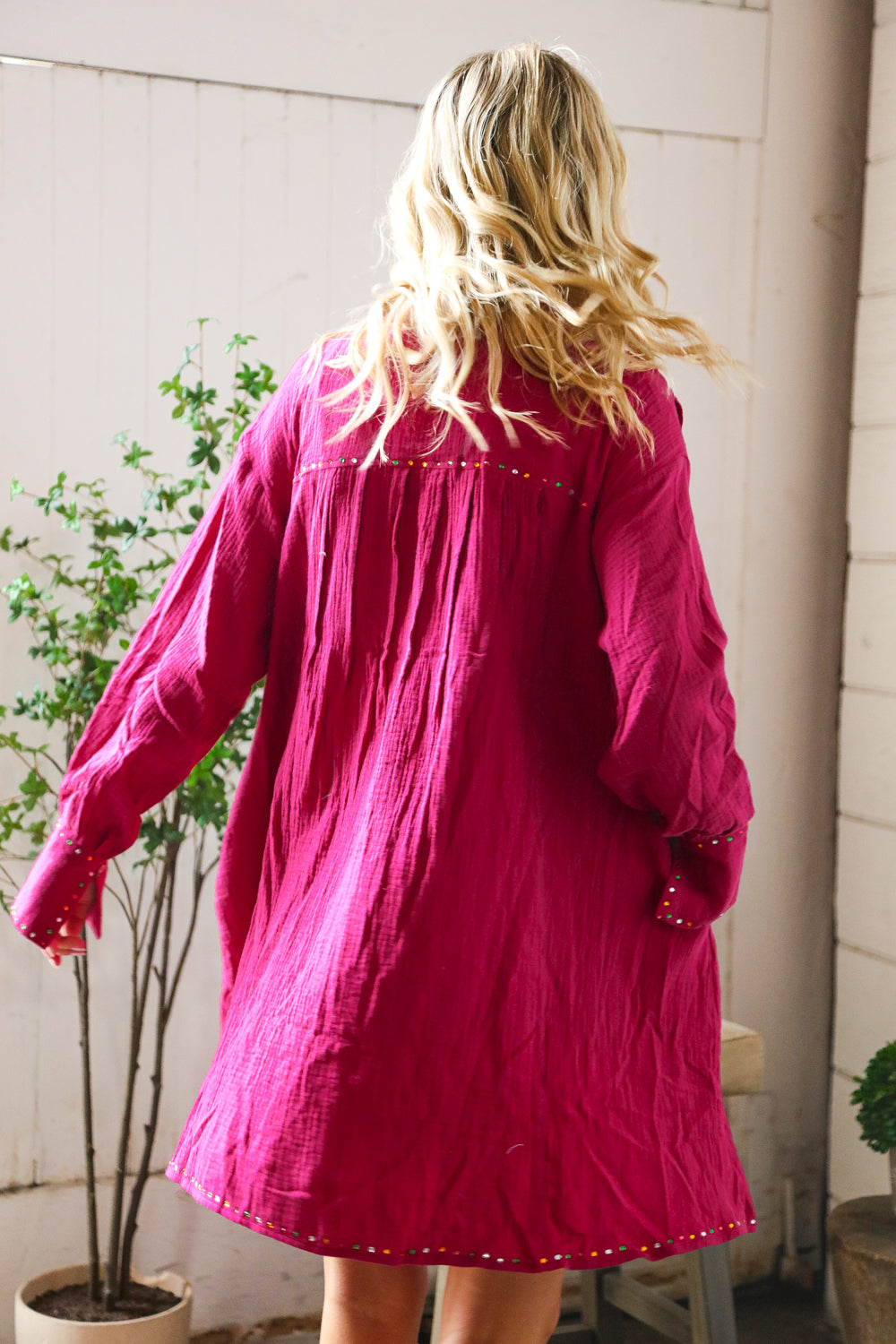 Peach Love California Flare Cotton Rhinestone Shirt Dress