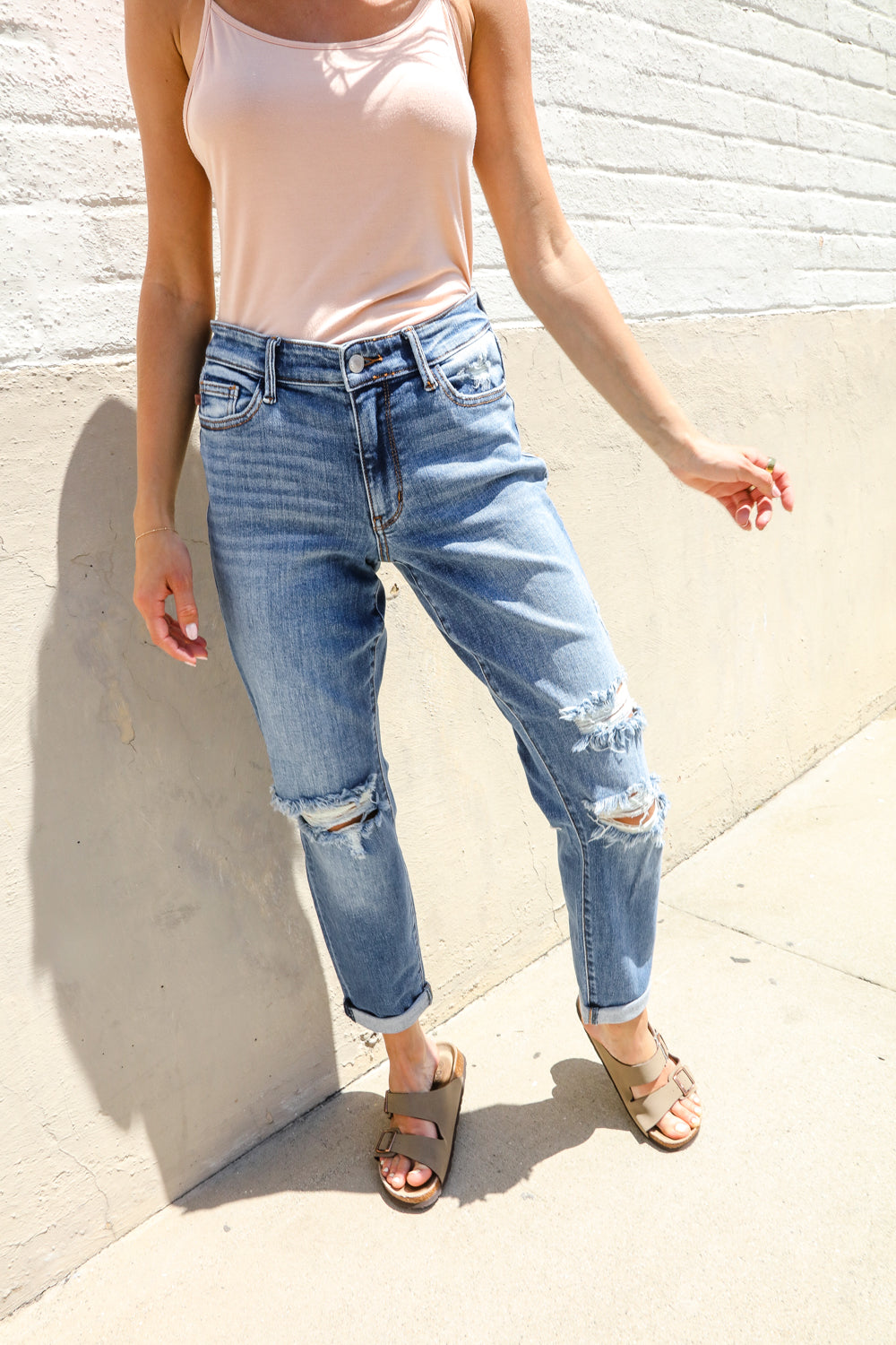 Judy Blue High-Rise Boyfriend Cuffed Hem Distressed Jeans