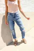 Judy Blue High-Rise Boyfriend Cuffed Hem Distressed Jeans
