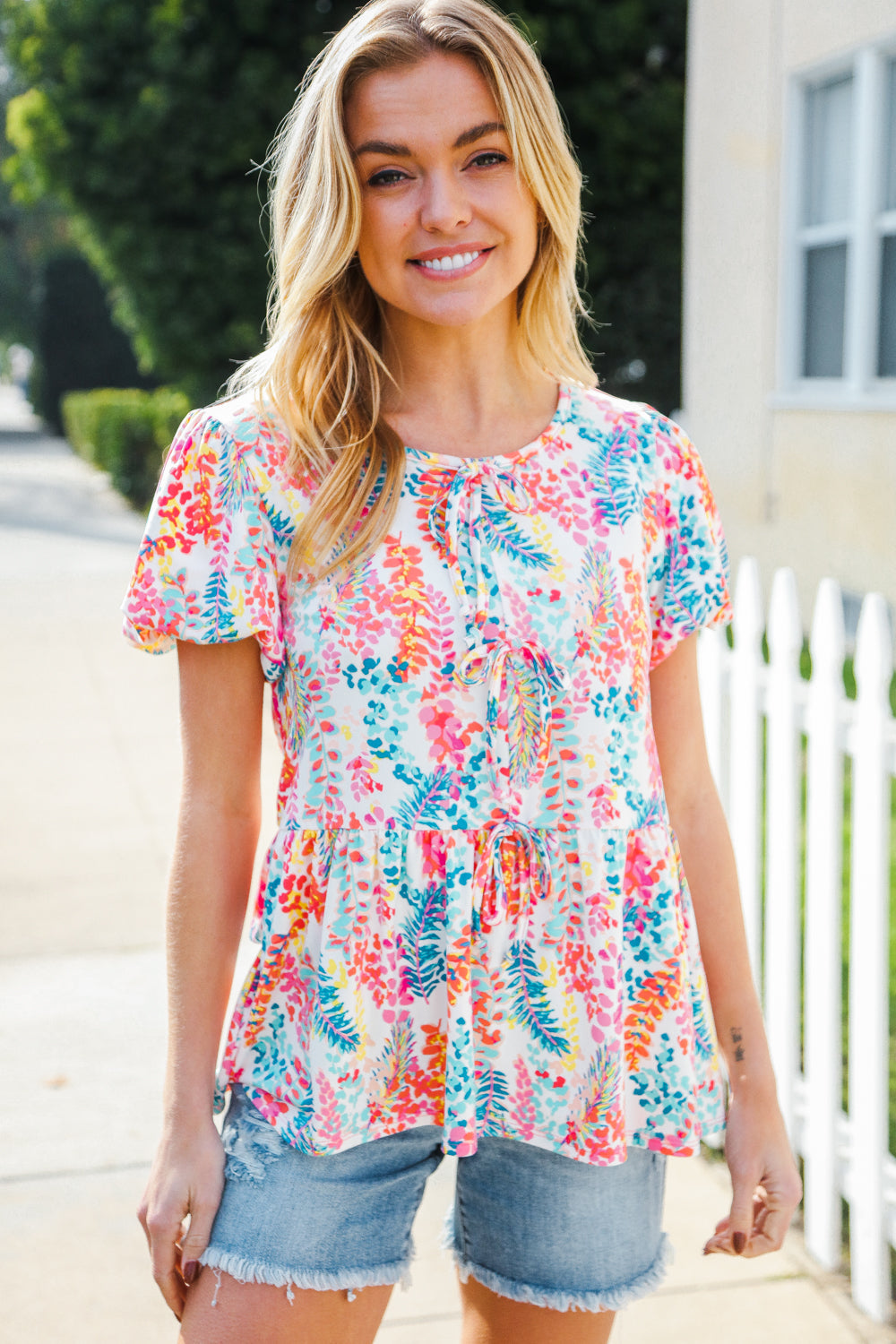 Haptics Ivory Floral Leaf Print Short Sleeve Babydoll Top