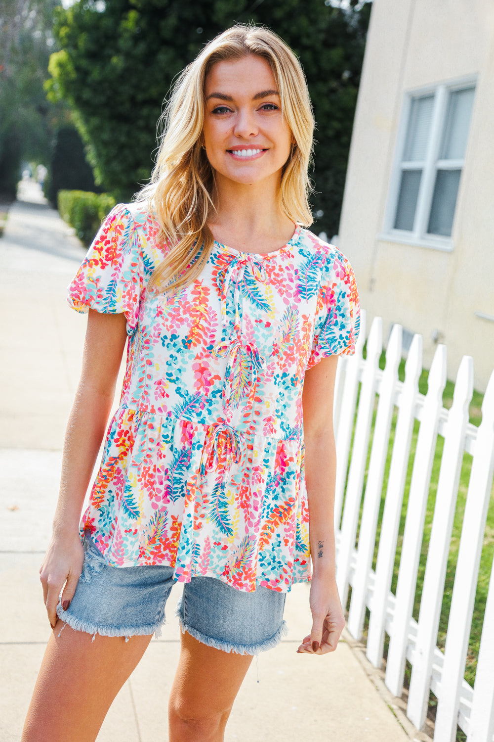 Haptics Ivory Floral Leaf Print Short Sleeve Babydoll Top