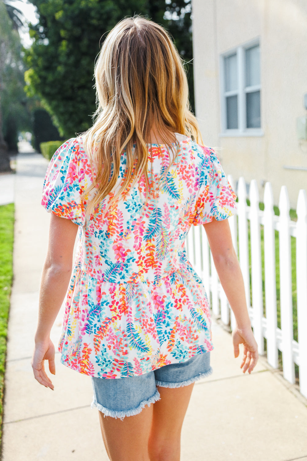 Haptics Ivory Floral Leaf Print Short Sleeve Babydoll Top