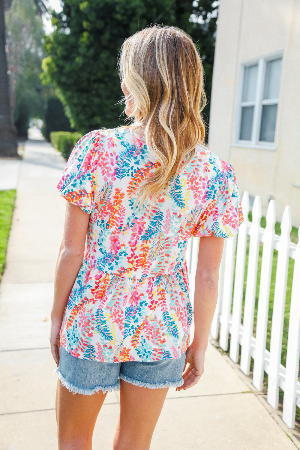 Haptics Ivory Floral Leaf Print Short Sleeve Babydoll Top