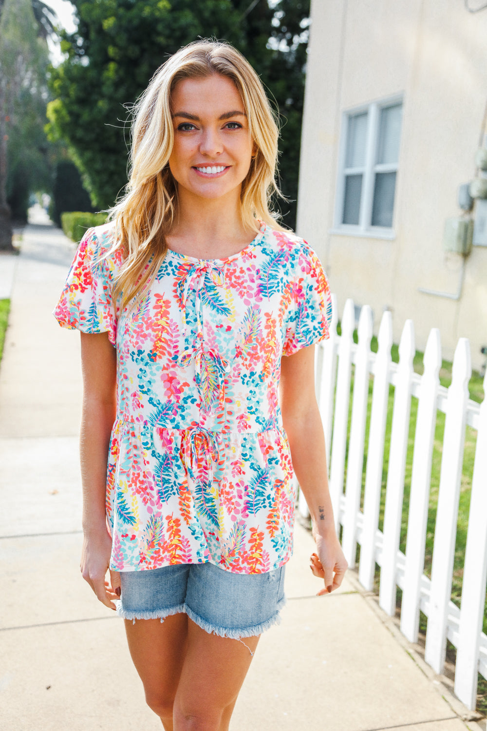 Haptics Ivory Floral Leaf Print Short Sleeve Babydoll Top