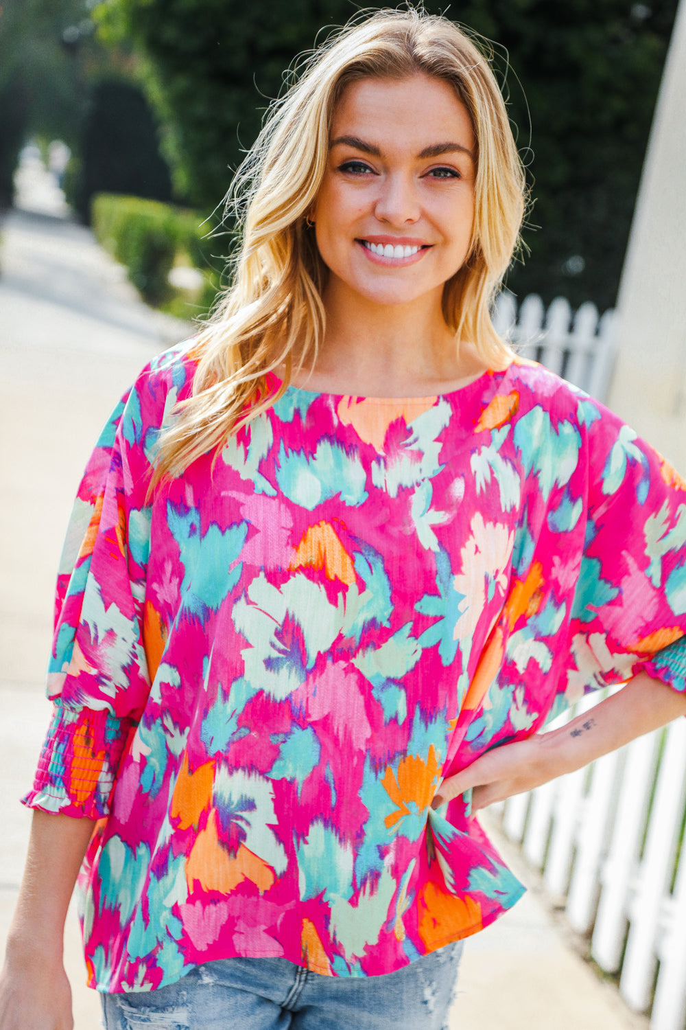 Haptics Fuchsia Smocked Sleeve Round Neck Dolman Top