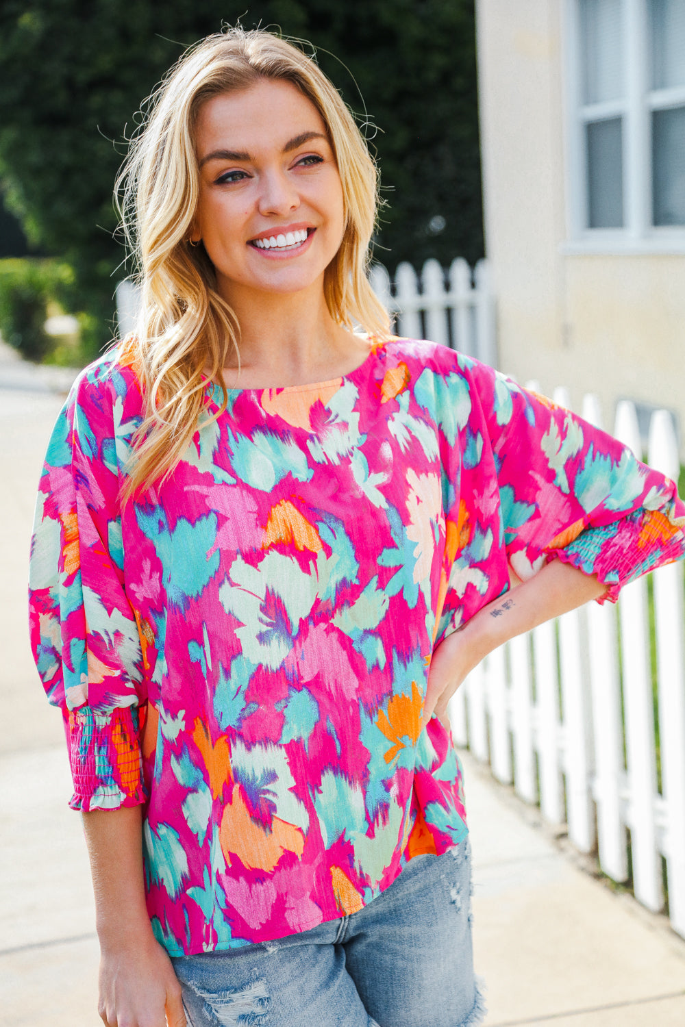 Haptics Fuchsia Smocked Sleeve Round Neck Dolman Top