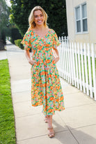 Haptics Elastic V Neck Tiered Sage & Daisy Floral Maxi Dress