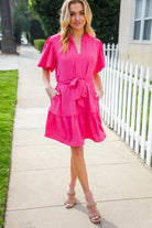 Haptics Fuchsia Notched Neck Balloon Sleeve Sash Belt Mini Dress