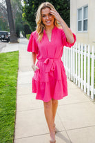 Haptics Fuchsia Notched Neck Balloon Sleeve Sash Belt Mini Dress