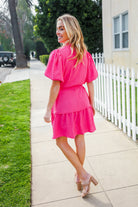 Haptics Fuchsia Notched Neck Balloon Sleeve Sash Belt Mini Dress