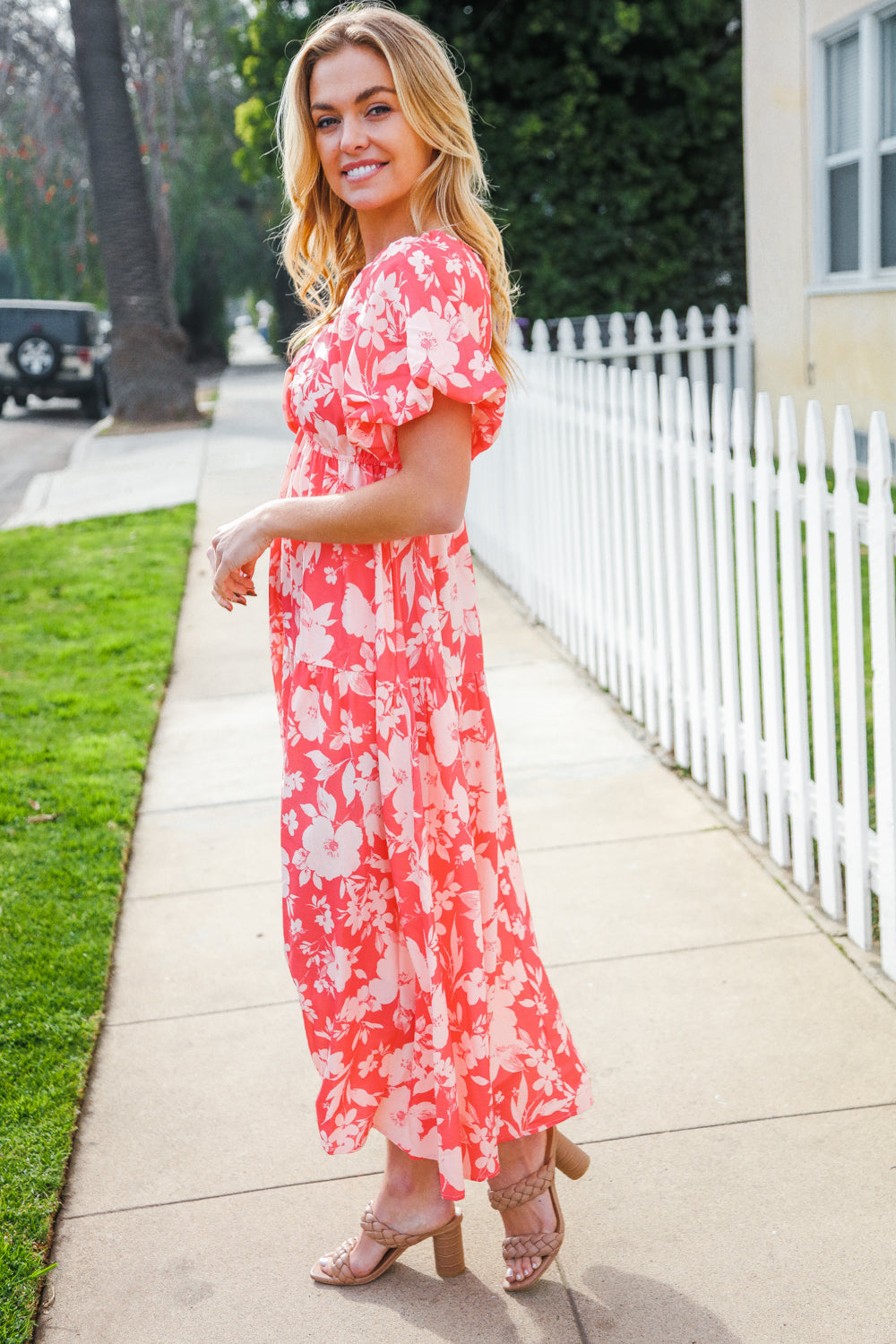 Haptics Coral Elastic V Neck Tiered Big Floral Maxi Dress