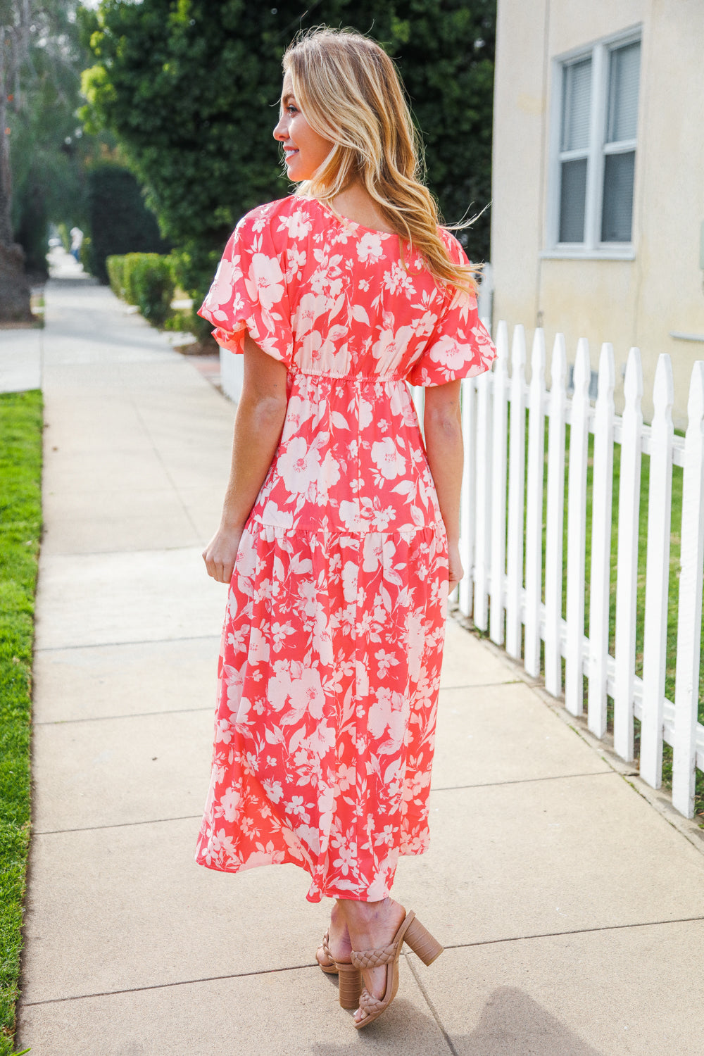 Haptics Coral Elastic V Neck Tiered Big Floral Maxi Dress