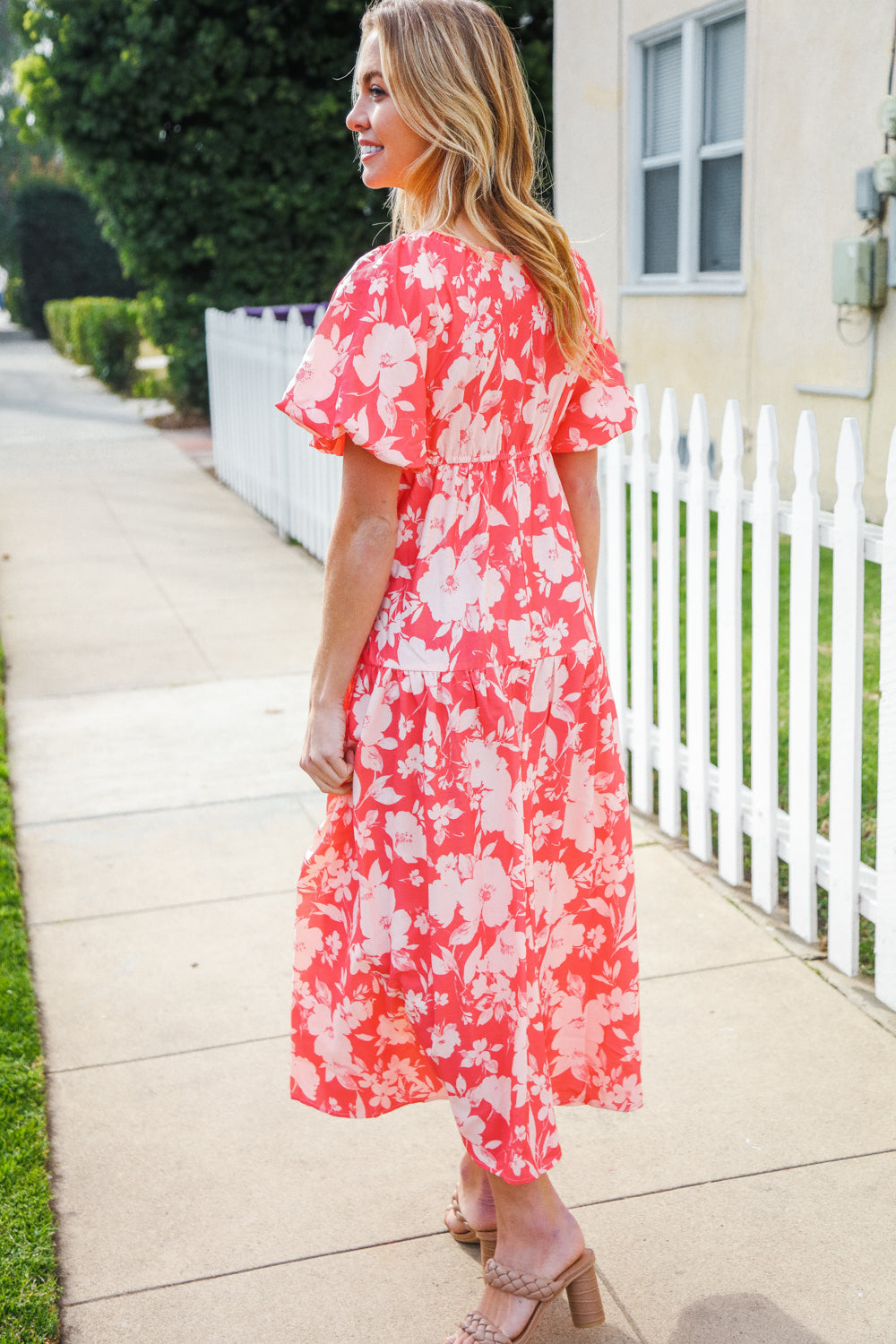 Haptics Coral Elastic V Neck Tiered Big Floral Maxi Dress