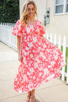 Haptics Coral Elastic V Neck Tiered Big Floral Maxi Dress