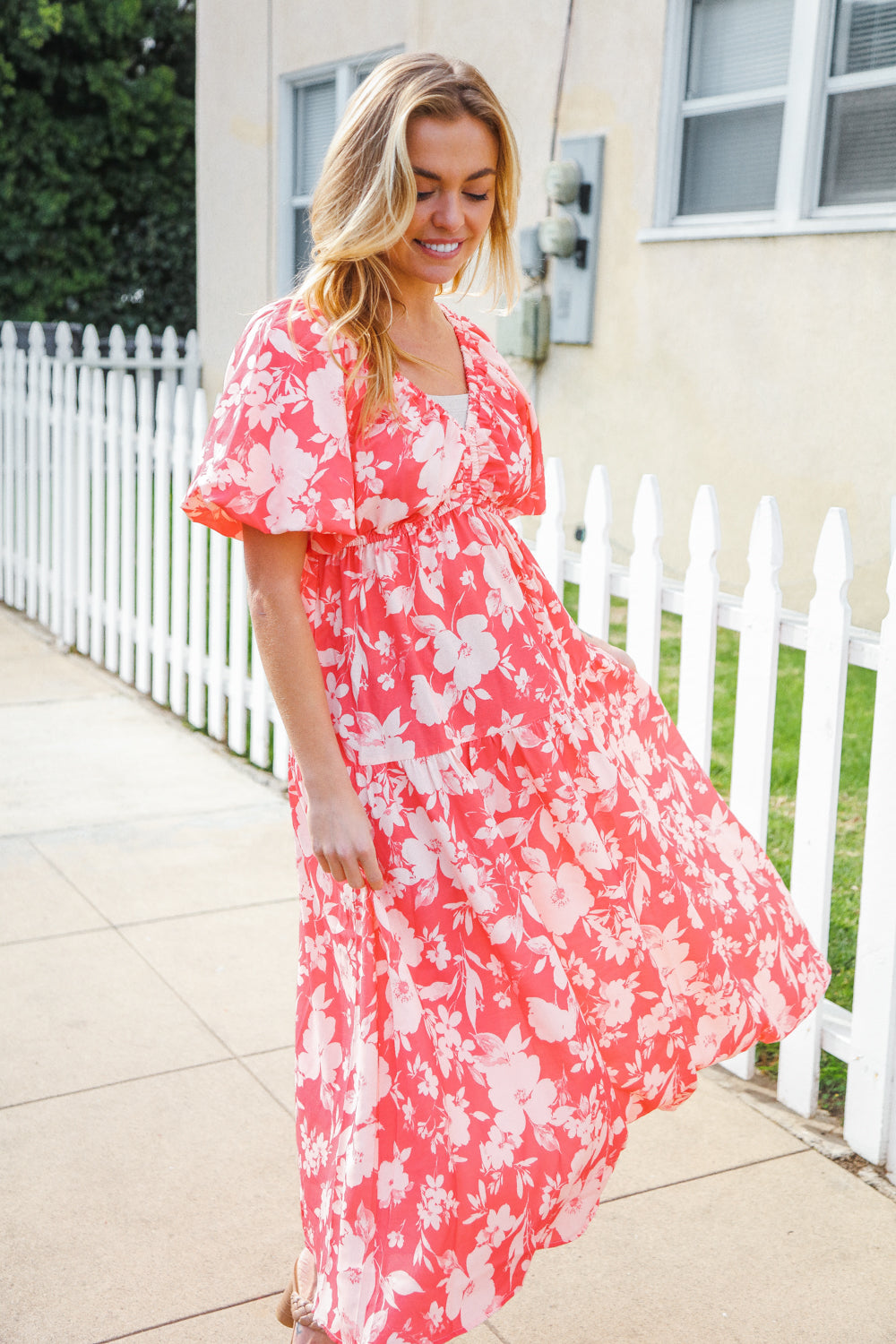 Haptics Coral Elastic V Neck Tiered Big Floral Maxi Dress