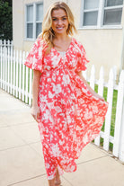 Haptics Coral Elastic V Neck Tiered Big Floral Maxi Dress