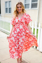 Haptics Coral Elastic V Neck Tiered Big Floral Maxi Dress