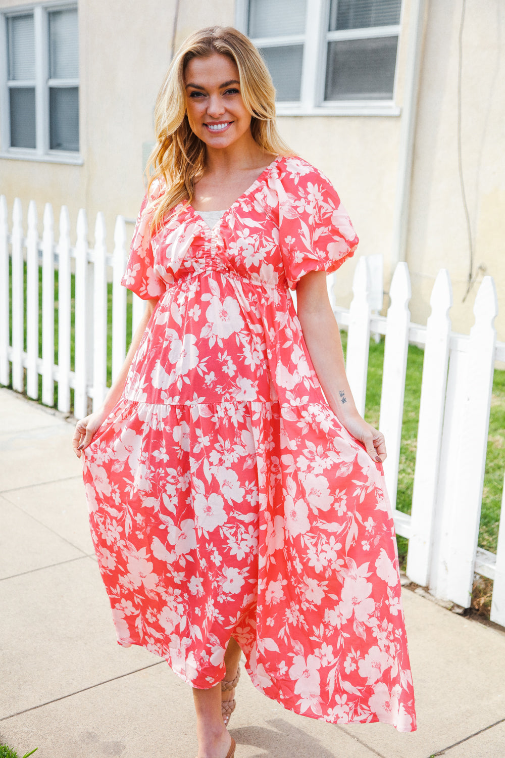 Haptics Coral Elastic V Neck Tiered Big Floral Maxi Dress