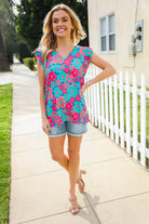 First Love Blue Multi Flower V Neck Flutter Sleeve Woven Blouse