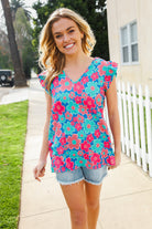 First Love Blue Multi Flower V Neck Flutter Sleeve Woven Blouse