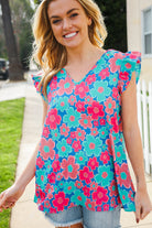 First Love Blue Multi Flower V Neck Flutter Sleeve Woven Blouse Large