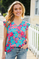 First Love Blue Multi Flower V Neck Flutter Sleeve Woven Blouse