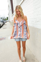 Haptics Coral Ruffle V Neck Floral Print Sleeveless Top