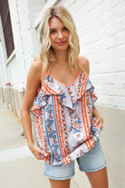 Haptics Coral Ruffle V Neck Floral Print Sleeveless Top