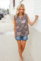 First Love Black Leopard Print Frill Notch Neck Top