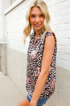 First Love Black Leopard Print Frill Notch Neck Top
