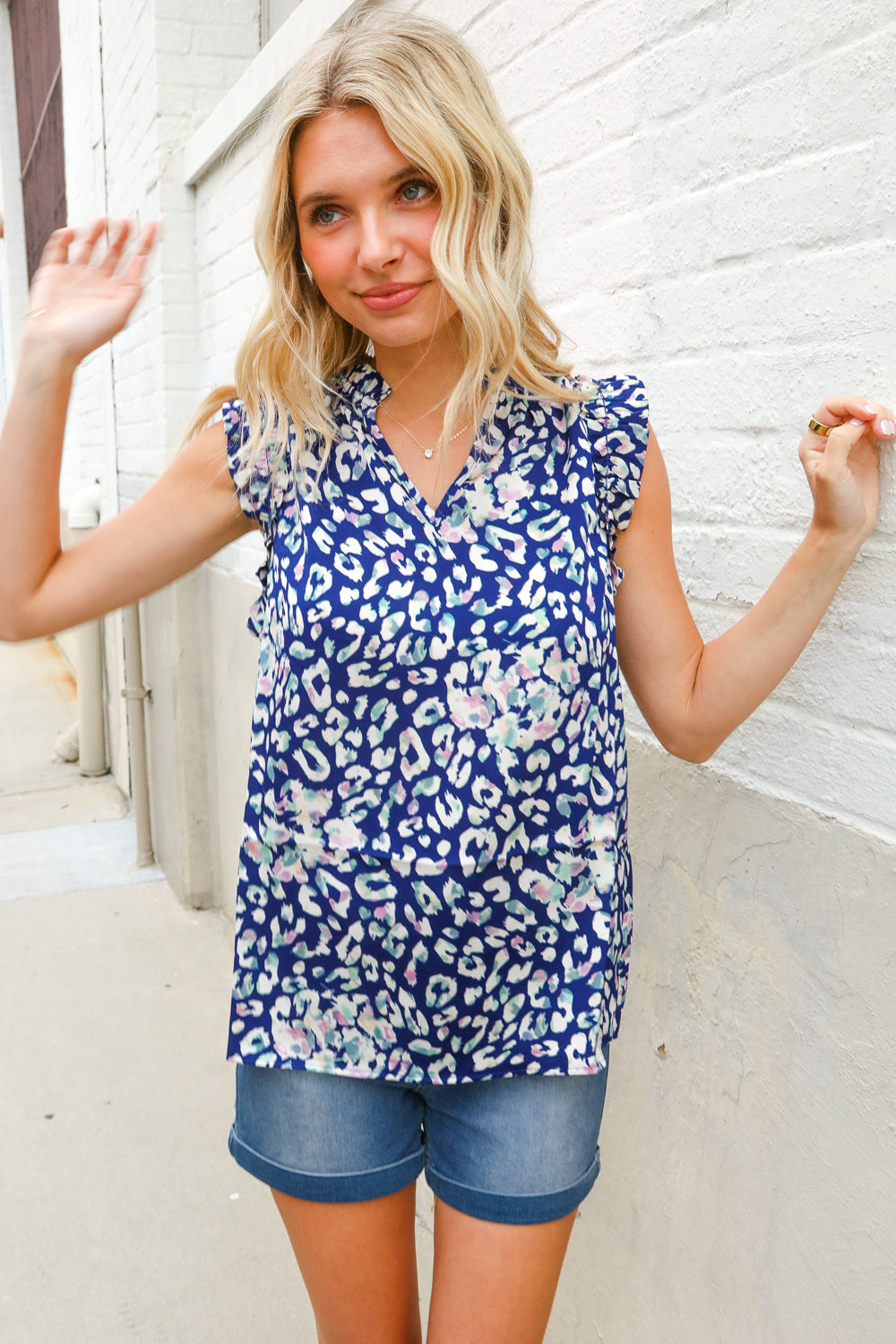 First Love Cobalt Blue Leopard Print Frill Notch Neck Top