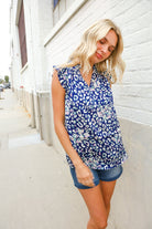 First Love Cobalt Blue Leopard Print Frill Notch Neck Top