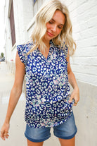 First Love Cobalt Blue Leopard Print Frill Notch Neck Top