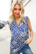 First Love Cobalt Blue Leopard Print Frill Notch Neck Top