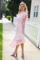 Haptics Blush Swiss Dot Asymmetric Tiered Smocked Lined Dress