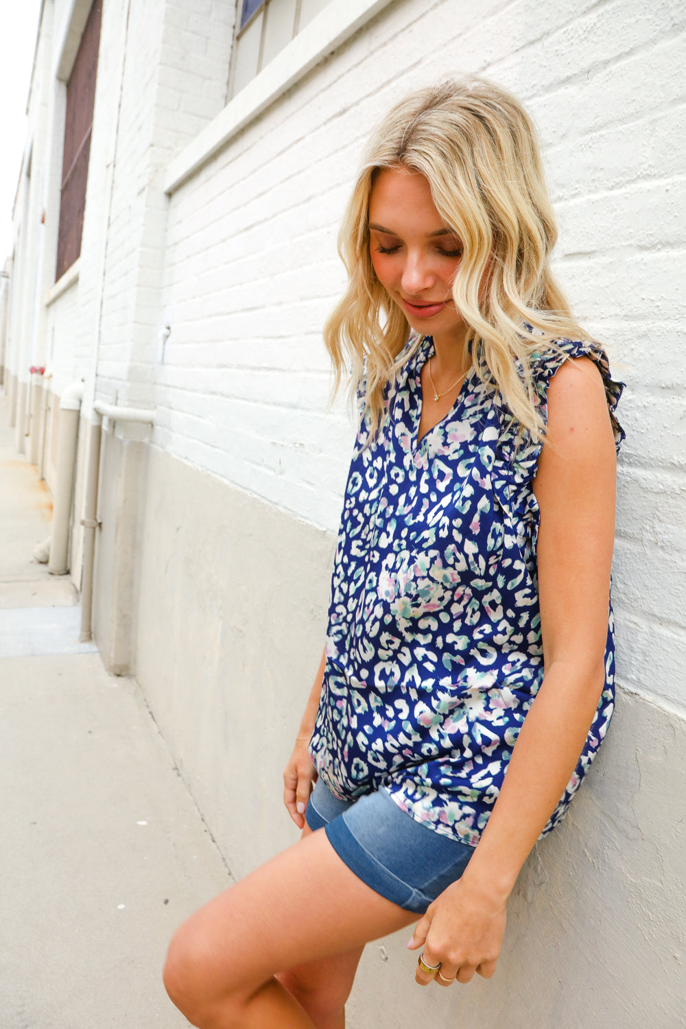 First Love Cobalt Blue Leopard Print Frill Notch Neck Top