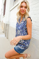 First Love Cobalt Blue Leopard Print Frill Notch Neck Top