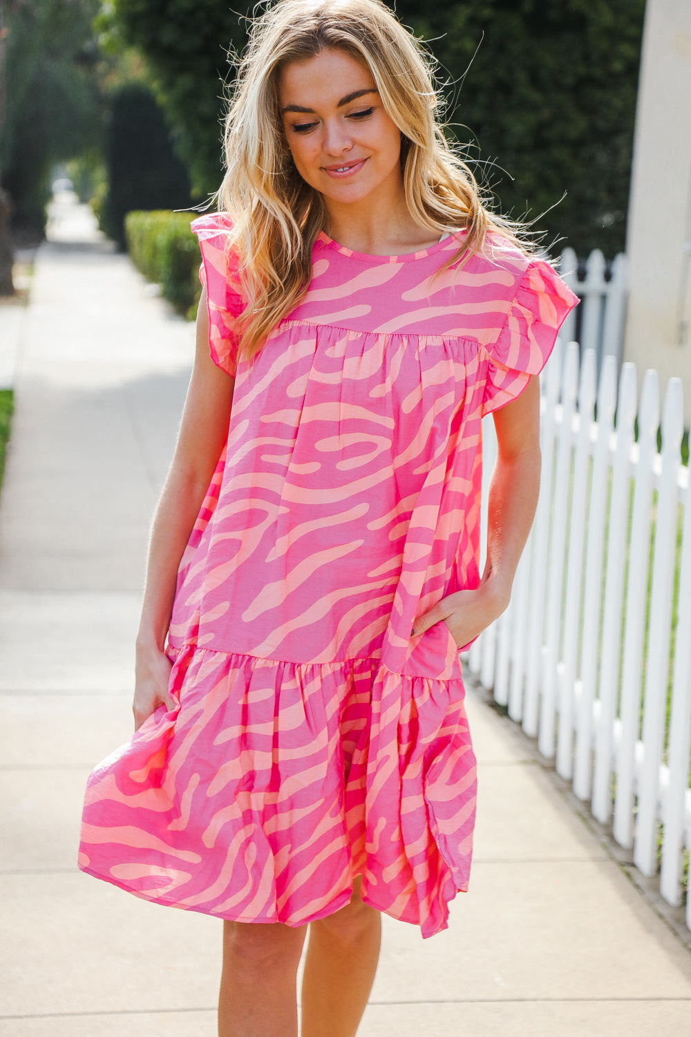 Haptics Pink Zebra Print Tiered Ruffle Sleeve Woven Dress 2024 Summer Blow Out Sale