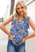 First Love Cobalt Blue Leopard Print Frill Notch Neck Top