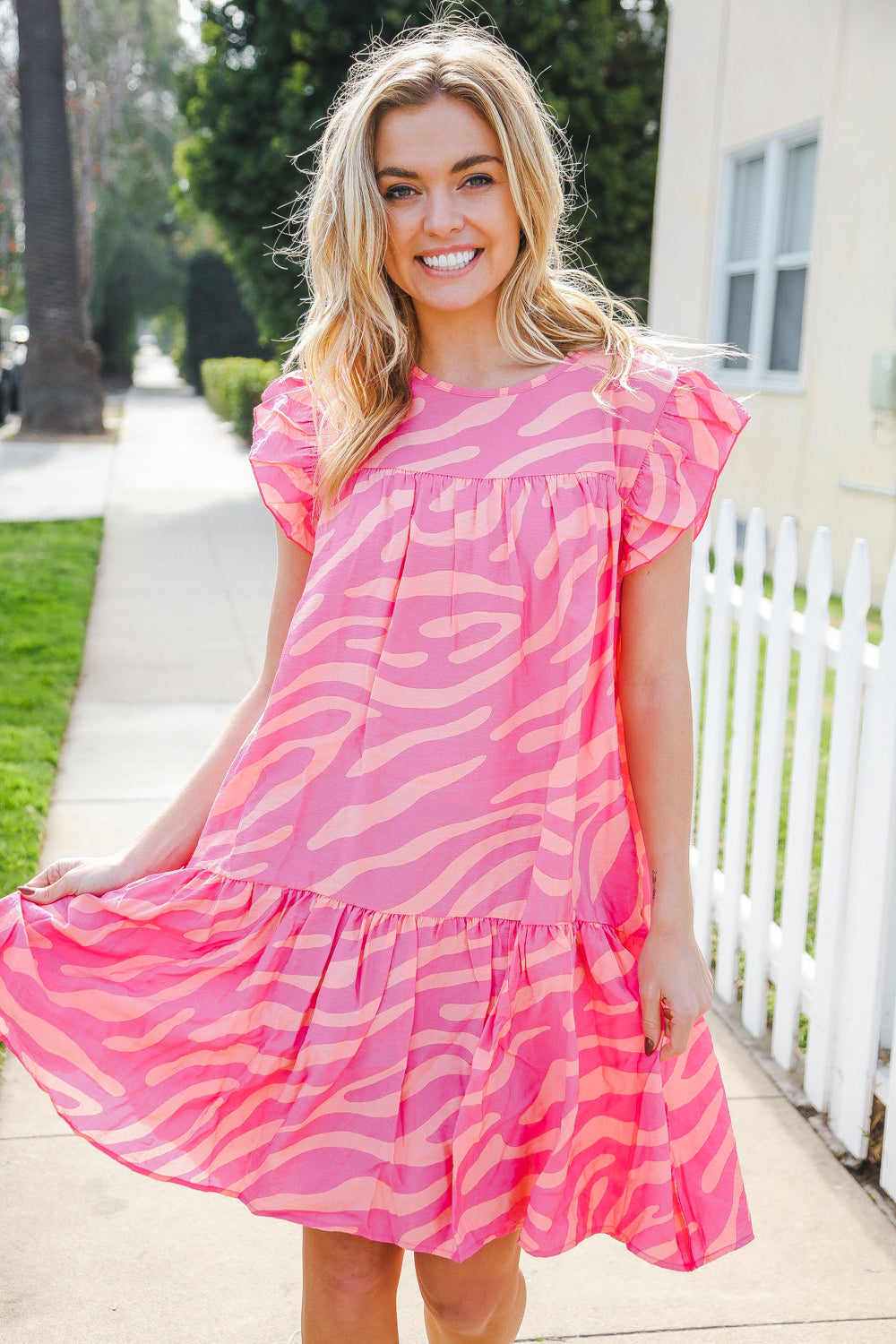 Haptics Pink Zebra Print Tiered Ruffle Sleeve Woven Dress 2024 Summer Blow Out Sale