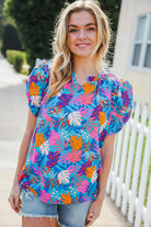 Haptics Aqua Tropical Print Frill Notch Neck Puff Sleeve Top 2024 Blow-Out Sale