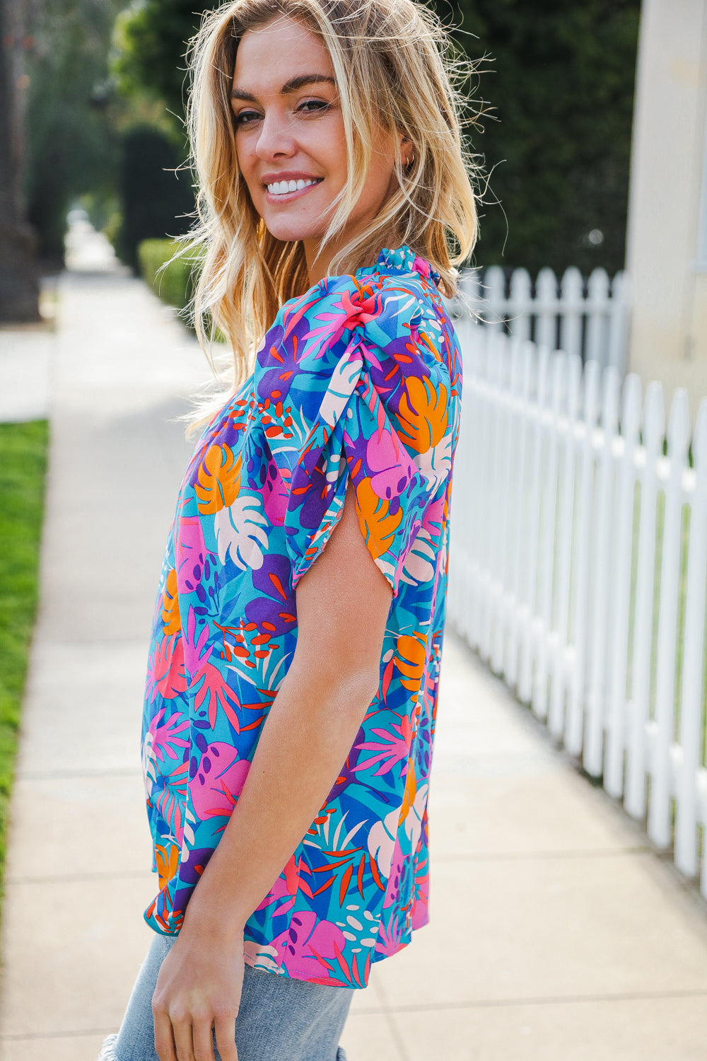 Haptics Aqua Tropical Print Frill Notch Neck Puff Sleeve Top 2024 Blow-Out Sale