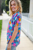 Haptics Aqua Tropical Print Frill Notch Neck Puff Sleeve Top 2024 Blow-Out Sale